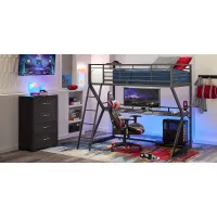 Kids Carbon Optix Black 2 Pc Full Loft Gaming Bedroom with LED Lights and Accessories
