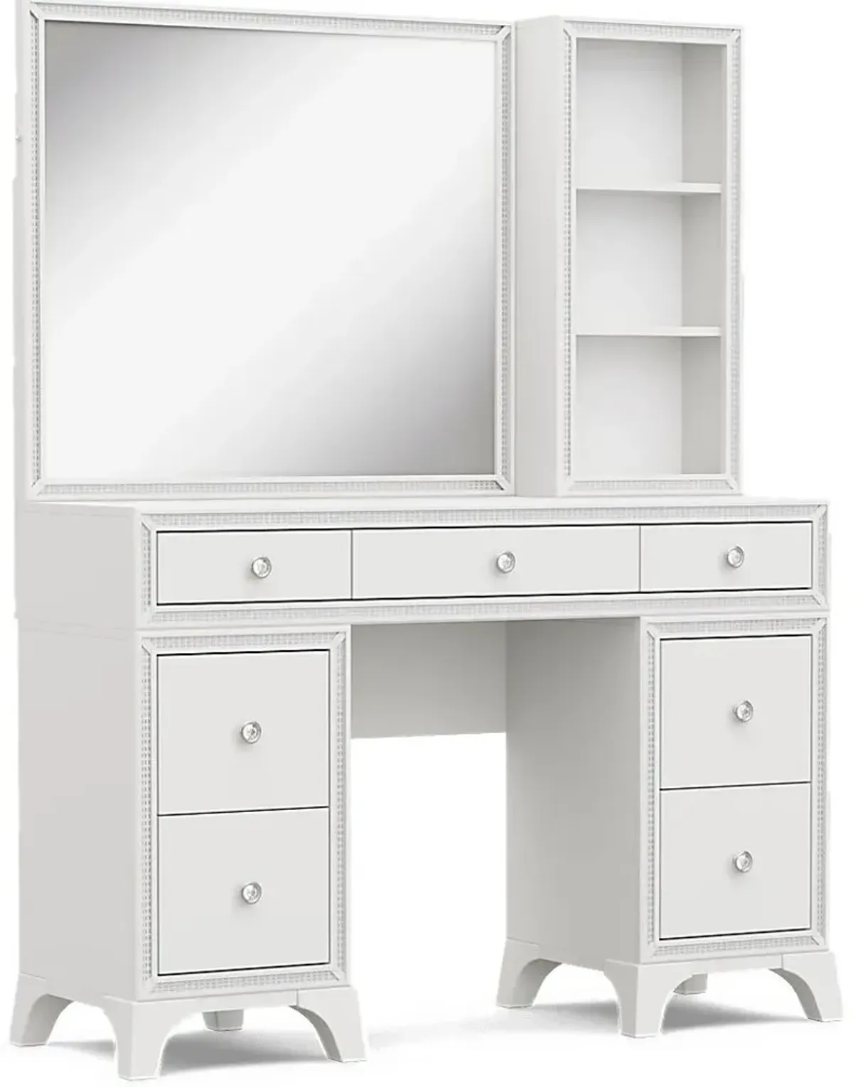 Kids Alyssa White Double Pedestal Vanity with Hutch and Small Sparkle Mirror