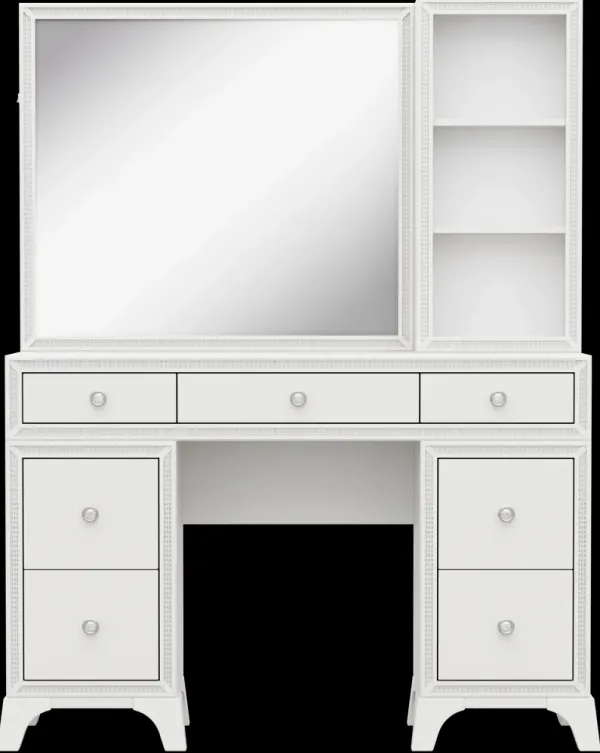 Kids Alyssa White Double Pedestal Vanity with Hutch and Small Sparkle Mirror