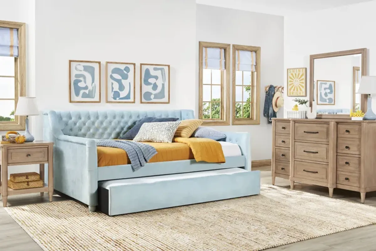 Kids Lindbrook Sand Bedroom with Alena Light Blue Twin Daybed and Twin Storage Trundle