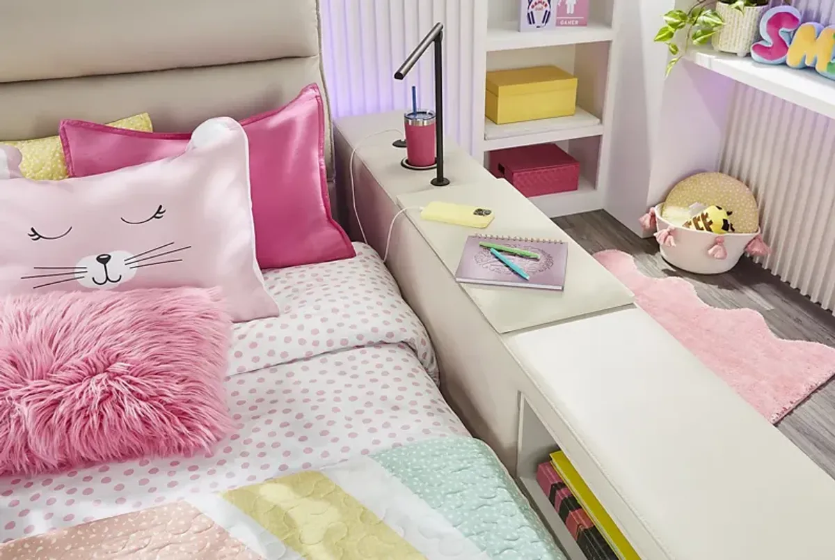 Kids Cloud9 Cream Full Upholstered Bed with Nightstand and Bookcase