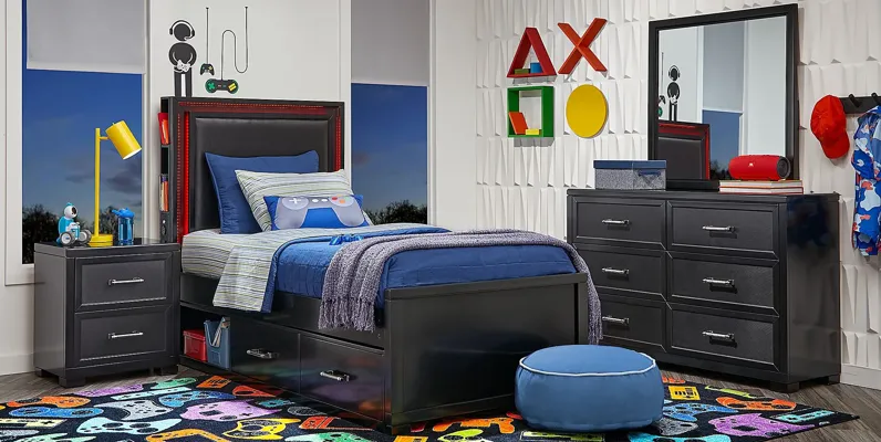 Kids Carbon Optix Black 6 Pc Twin Storage Bedroom with LED Lights