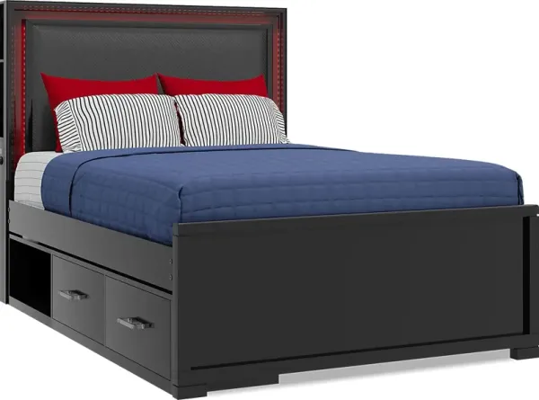 Kids Carbon Optix Black Full Storage Bed with LED Lights