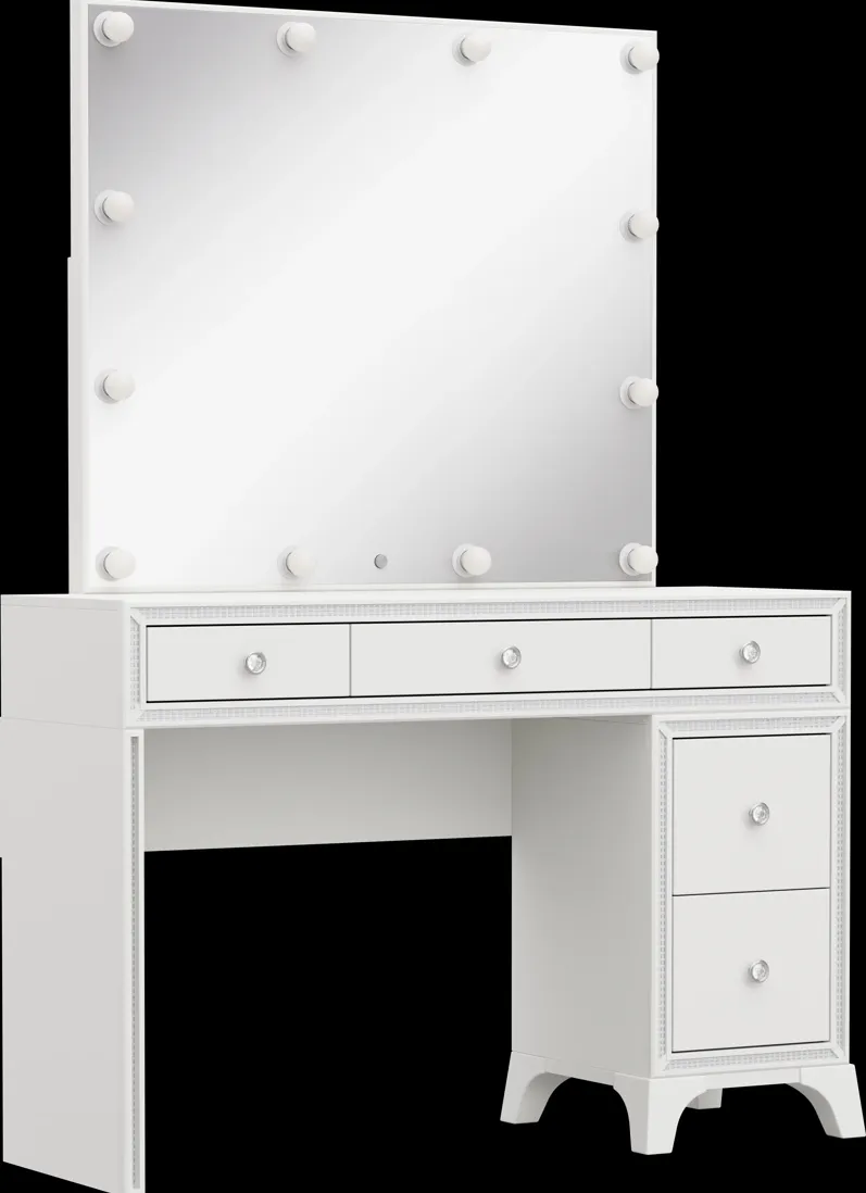 Kids Alyssa White Single Pedestal Vanity with Hollywood Mirror