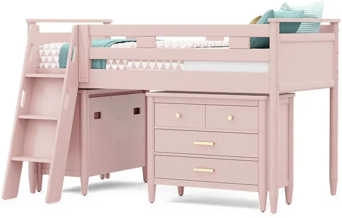 Kids Modern Colors Pink Twin Loft with Loft Chests