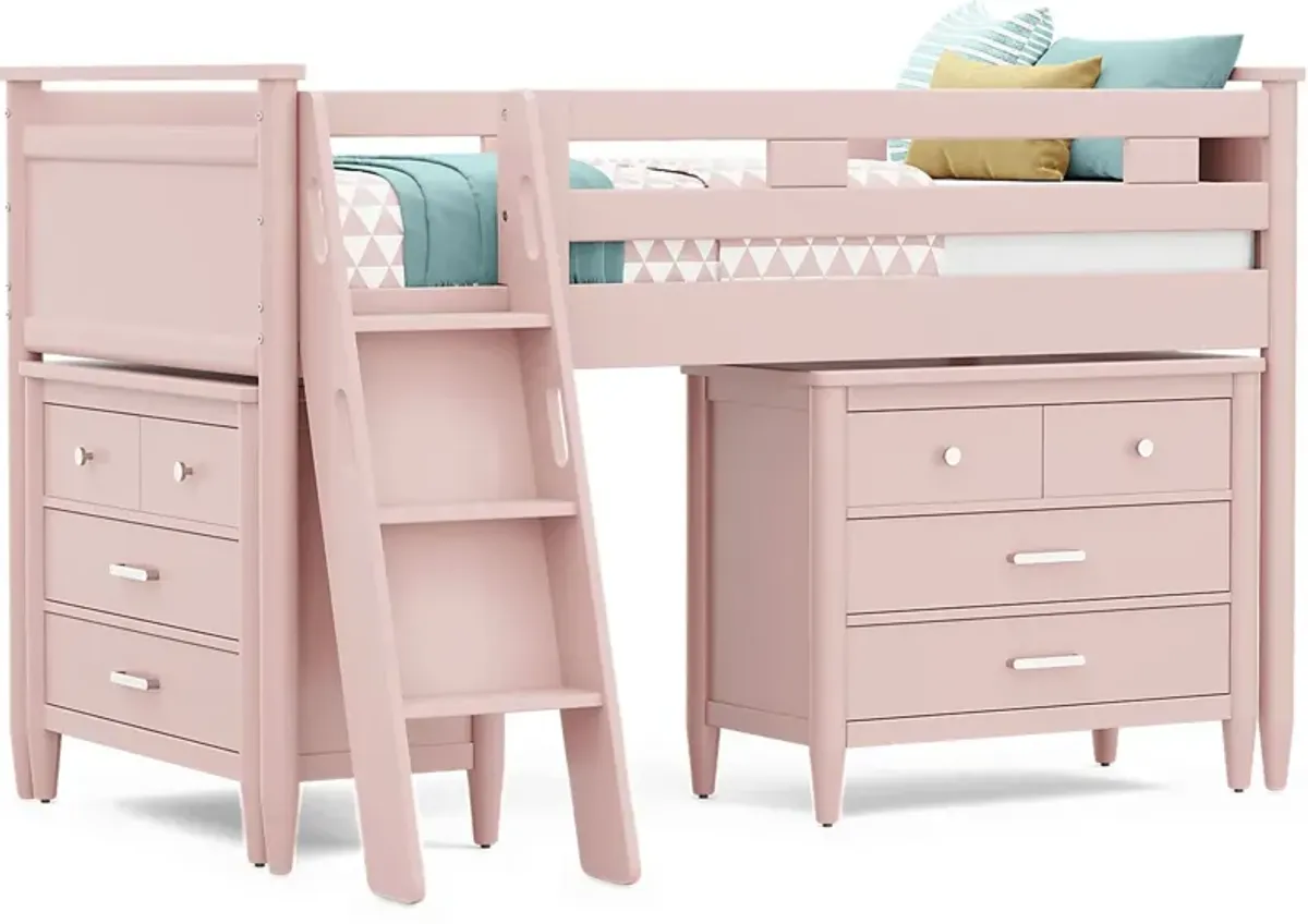 Kids Modern Colors Pink Twin Loft with Loft Chests