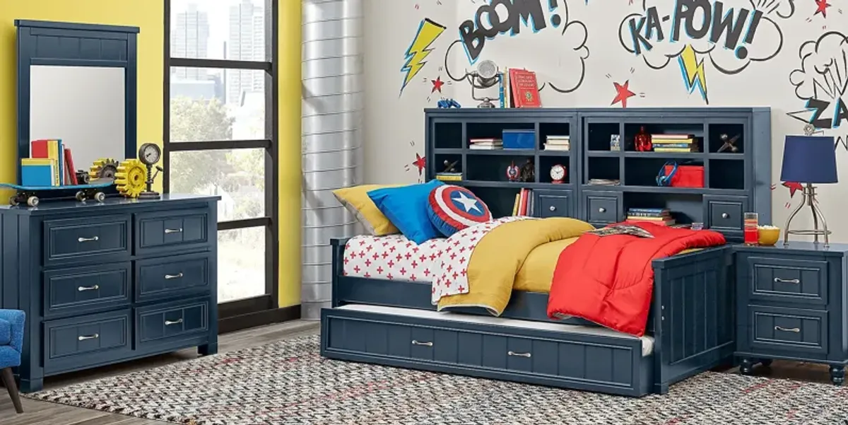 Kids Cottage Colors Navy 5 Pc Full Bookcase Wall Bed