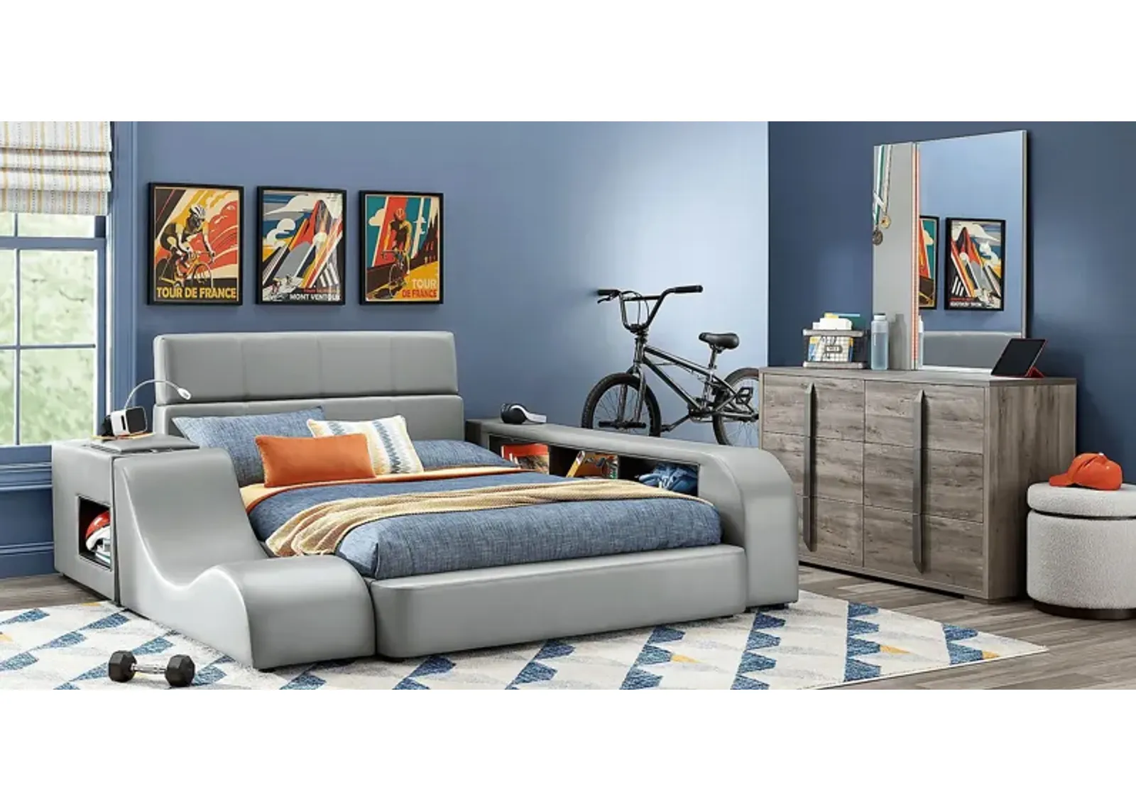 Kids Park Peak Gray 8 Pc Bedroom with Recharged Gray Full Bed, Nightstand, Lounger and Bookcase