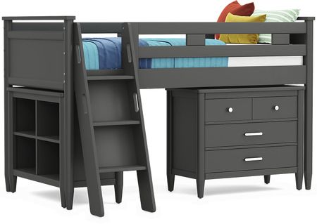 Kids Modern Colors Iron Ore Twin Loft with Loft Chest and Bookcase
