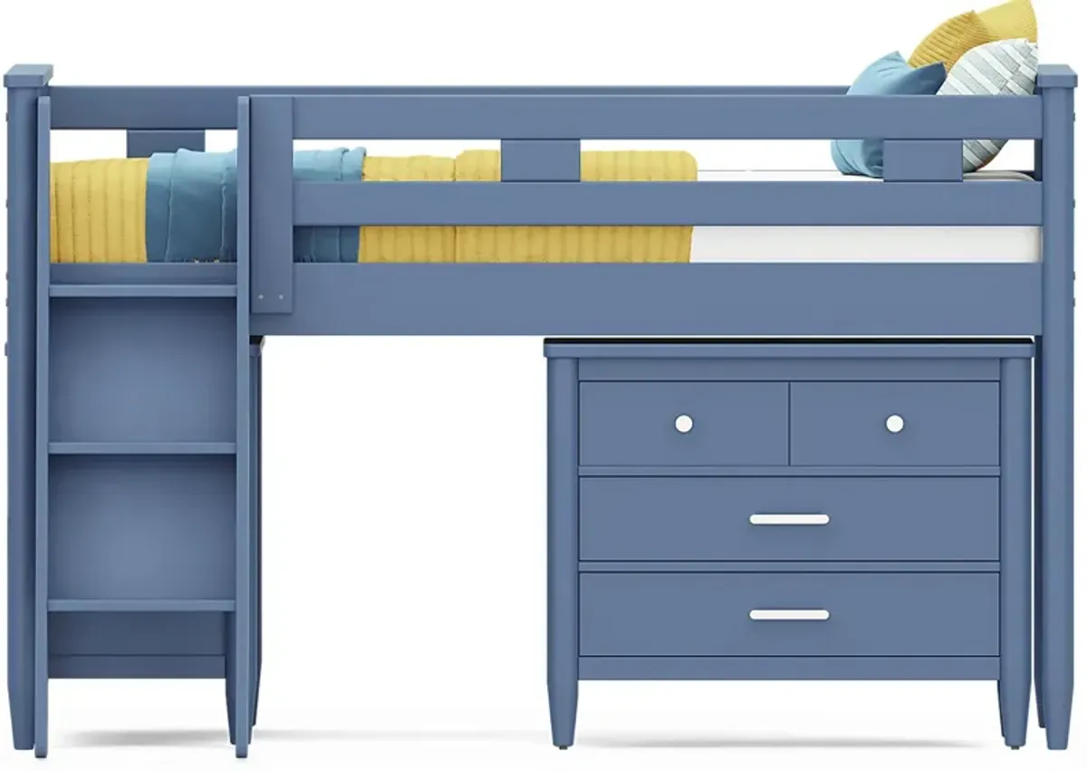 Kids Modern Colors Slate Blue Twin Loft with Loft Chest and Bookcase