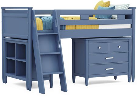 Kids Modern Colors Slate Blue Twin Loft with Loft Chest and Bookcase