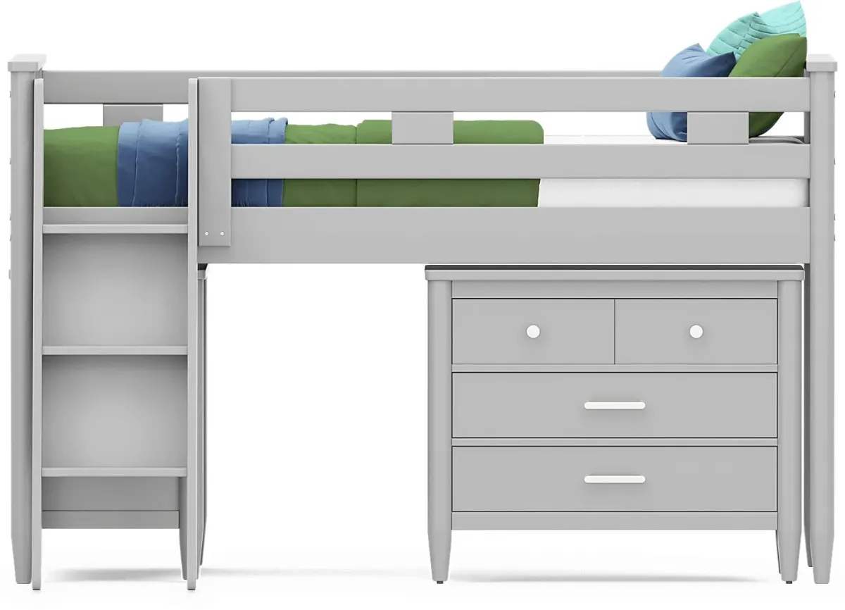 Kids Modern Colors Light Gray Twin Loft with Loft Chest and Bookcase
