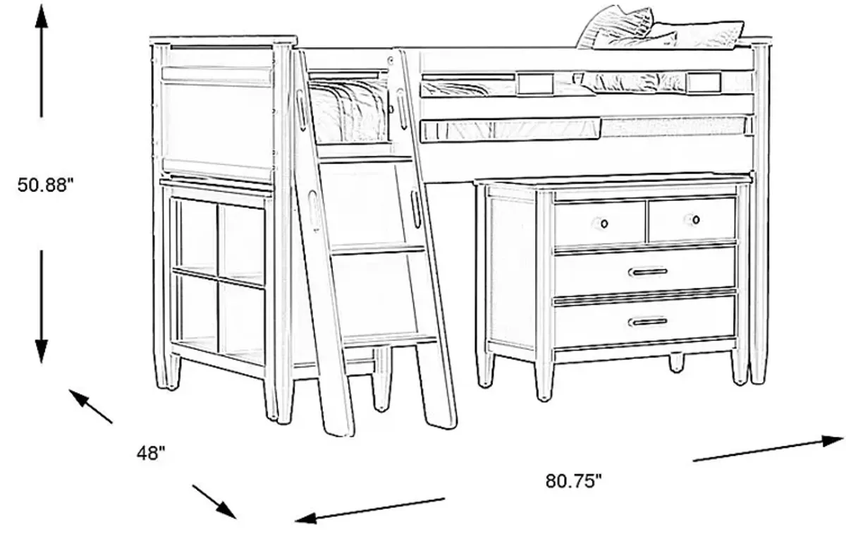 Kids Modern Colors Light Gray Twin Loft with Loft Chest and Bookcase