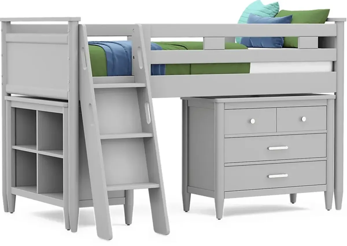 Kids Modern Colors Light Gray Twin Loft with Loft Chest and Bookcase