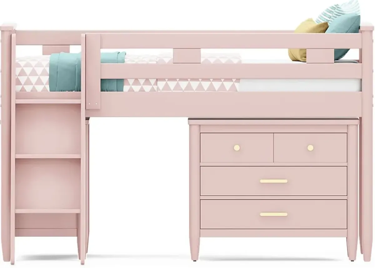 Kids Modern Colors Pink Twin Loft with Loft Chest and Bookcase