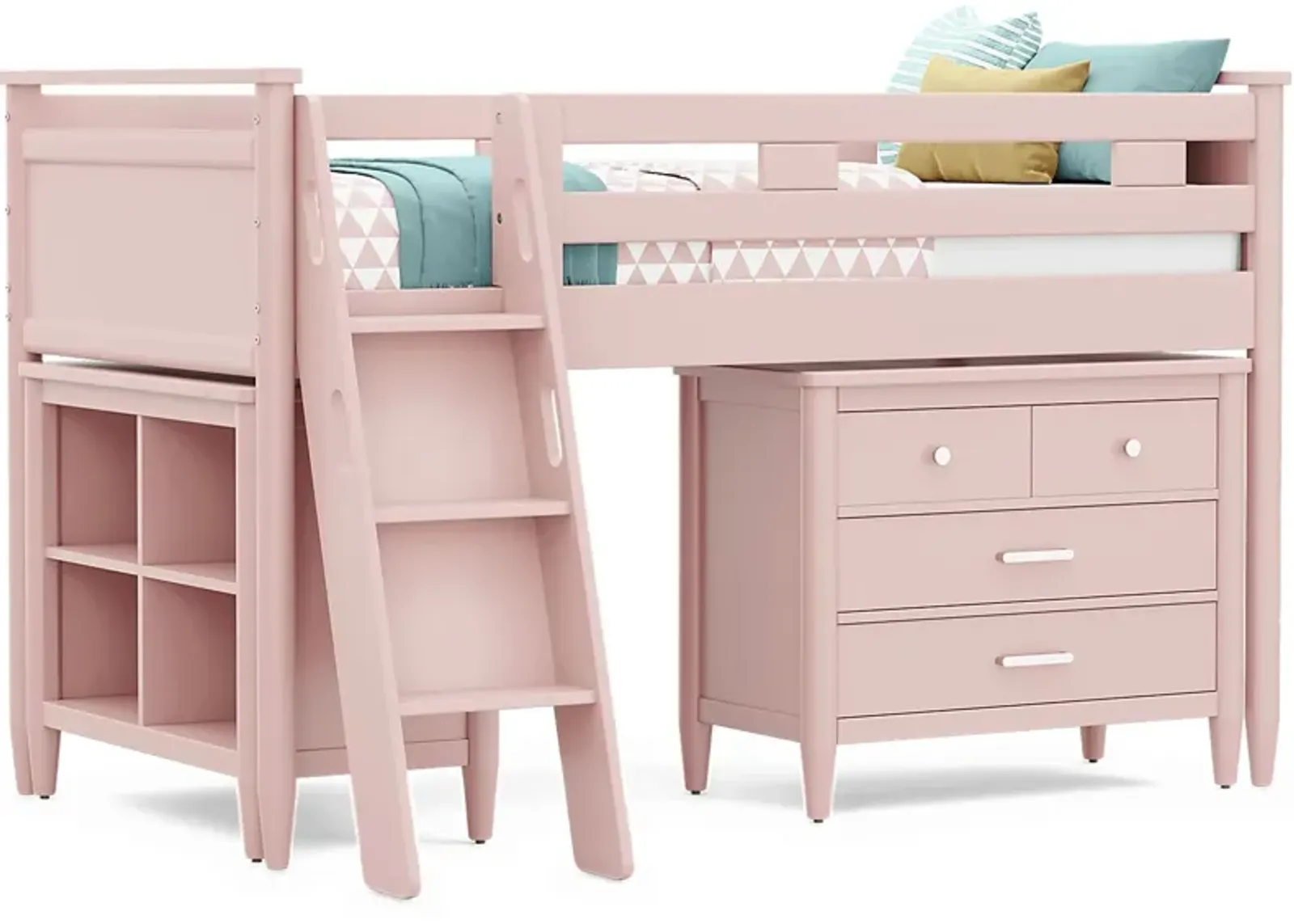 Kids Modern Colors Pink Twin Loft with Loft Chest and Bookcase