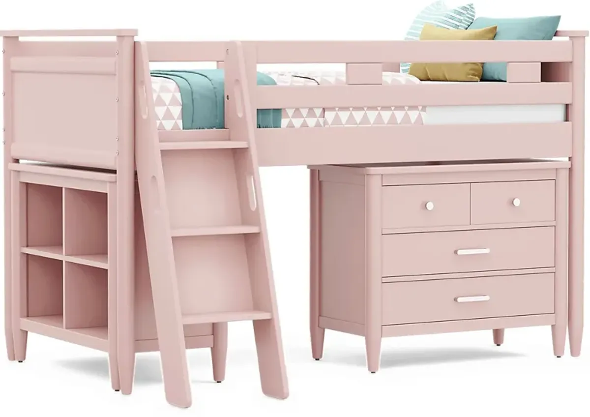 Kids Modern Colors Pink Twin Loft with Loft Chest and Bookcase