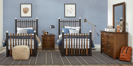 Kids Santa Cruz Brown Cherry 8 Pc Bedroom with 2 Batter Up Stained Twin Baseball Bat Beds