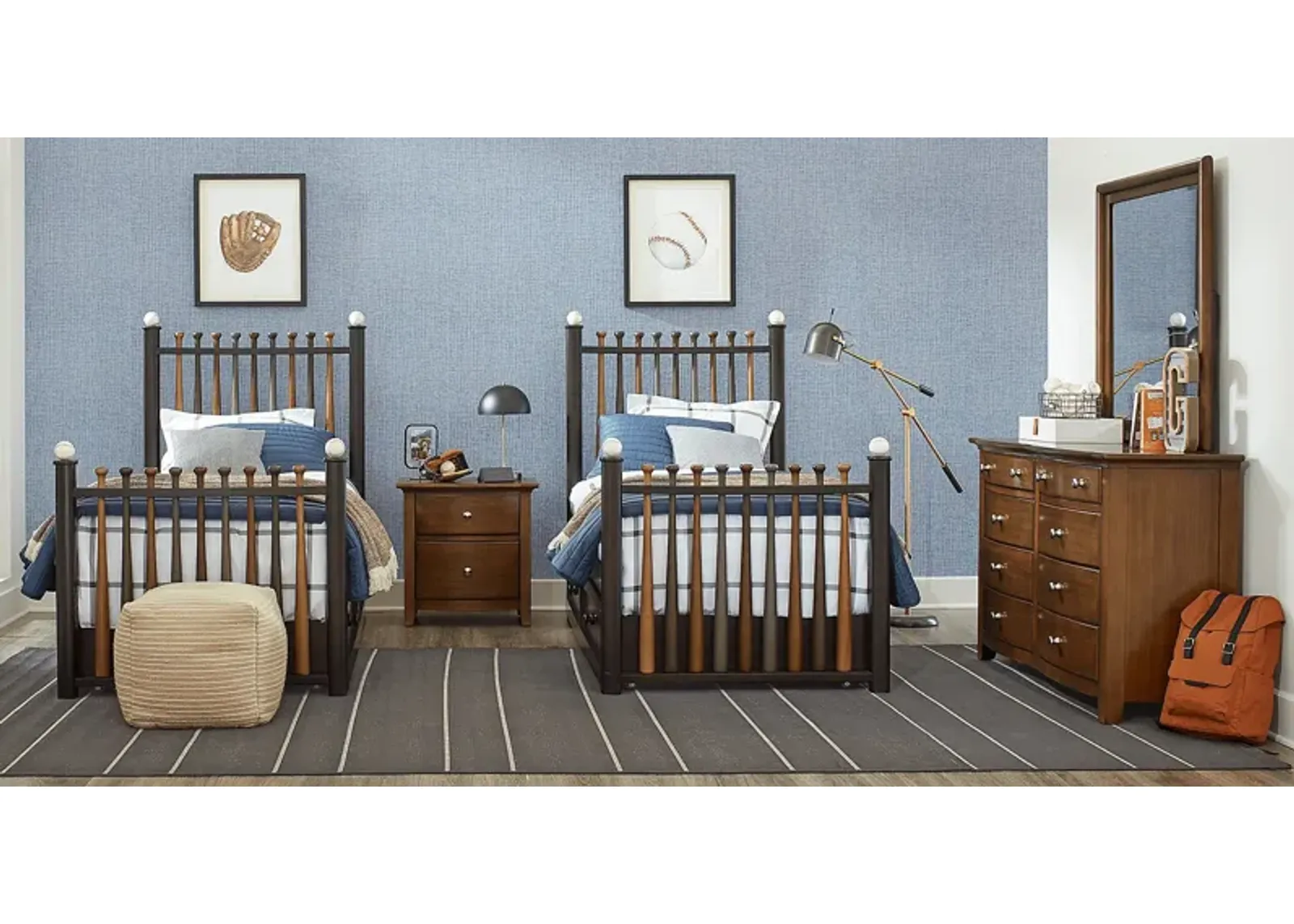 Kids Santa Cruz Brown Cherry 8 Pc Bedroom with 2 Batter Up Stained Twin Baseball Bat Beds