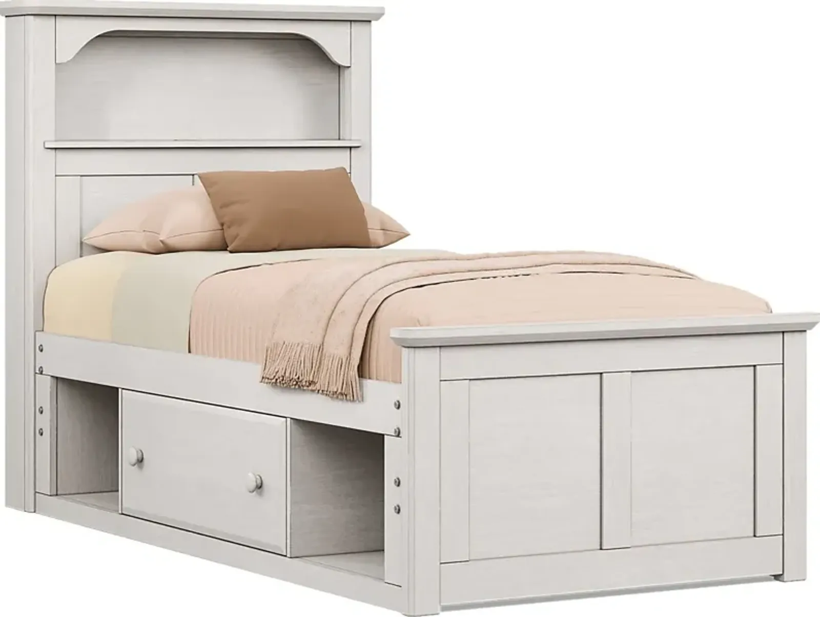 Kids South Bend Washed White 3 Pc Twin Bookcase Bed with 2 Storage Side Rails