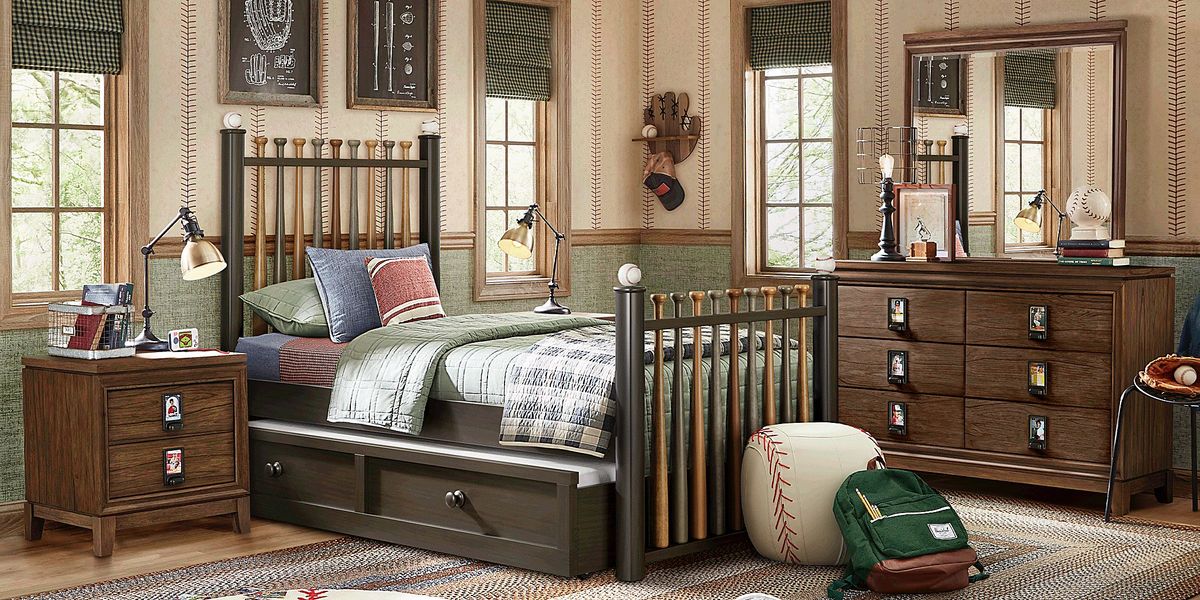 Kids Gallery Zone Saddle 5 Pc Bedroom with Stained Twin Batter Up Baseball Bat Bed