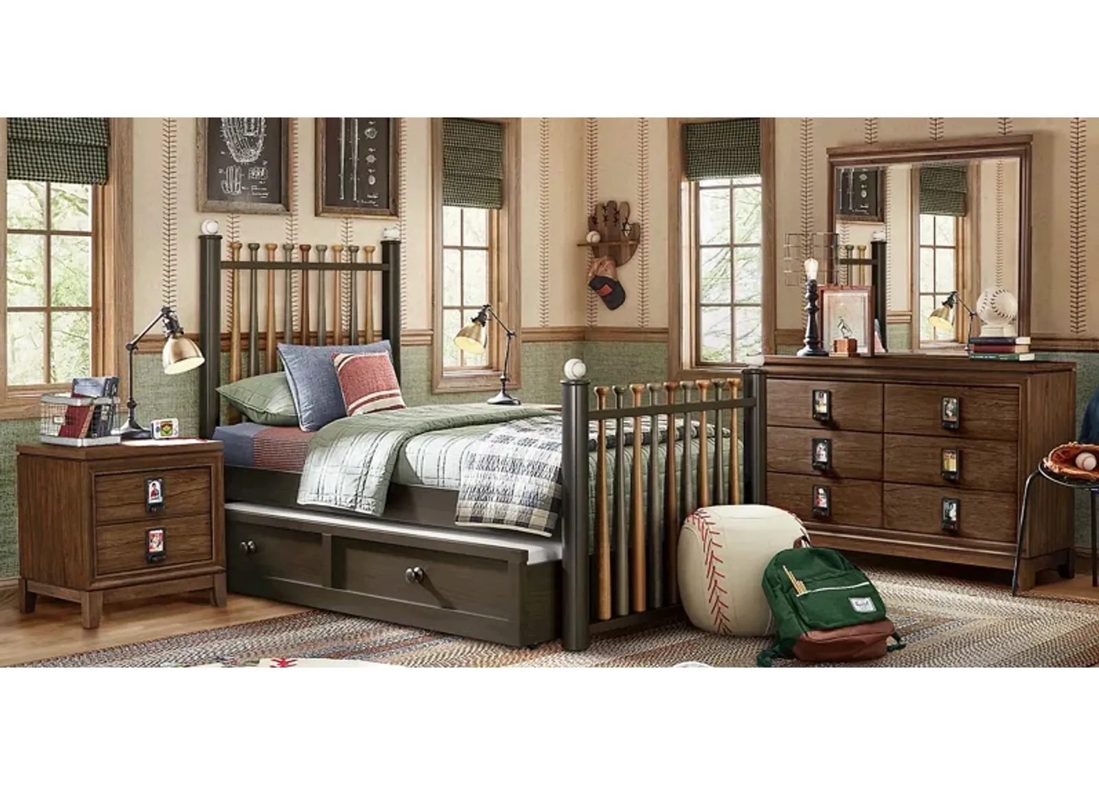 Kids Gallery Zone Saddle 5 Pc Bedroom with Stained Twin Batter Up Baseball Bat Bed