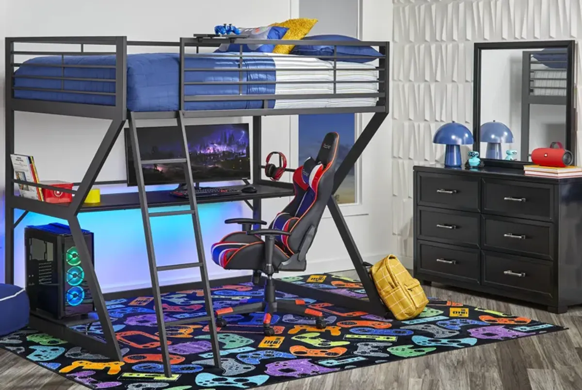 Kids Carbon Optix Black Twin Gaming Loft Bedroom LED Lights and Accessories