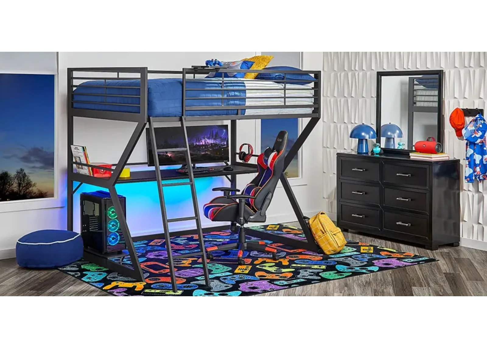 Kids Carbon Optix Black 3 Pc Twin Gaming Loft Bedroom LED Lights and Accessories