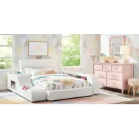 Kids Modern Colors Pink 8 Pc Bedroom with Recharged White Full Bed, Nightstand, Lounger, Bookcase