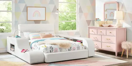 Kids Modern Colors Pink 8 Pc Bedroom with Recharged White Full Bed, Nightstand, Lounger, Bookcase