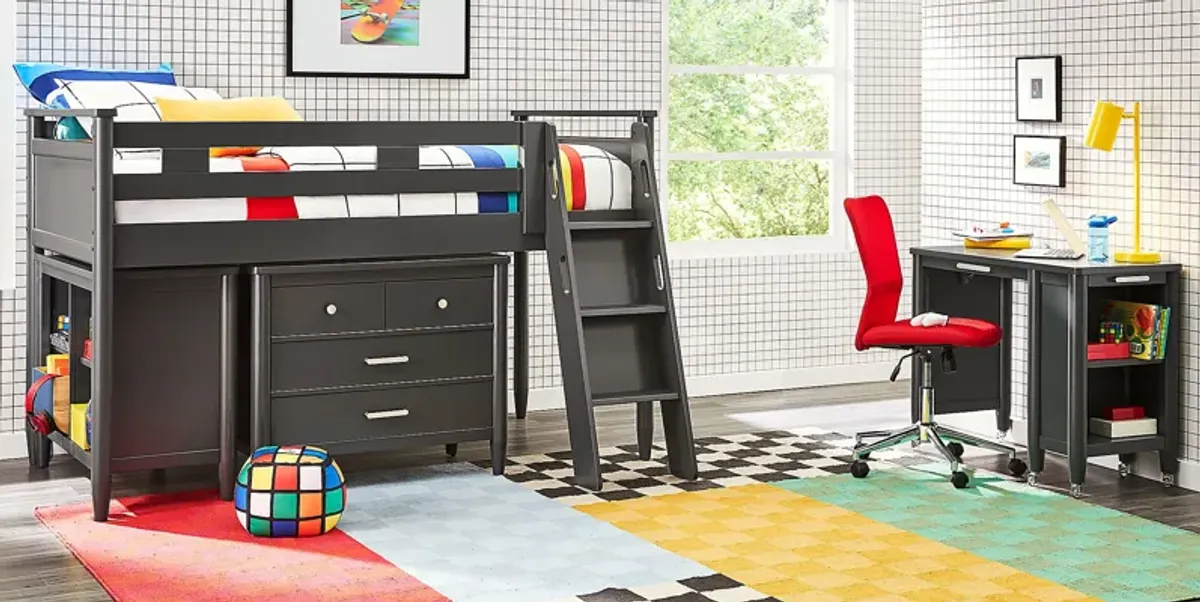 Kids Modern Colors Iron Ore Twin Loft with Loft Chest, Bookcase and Desk