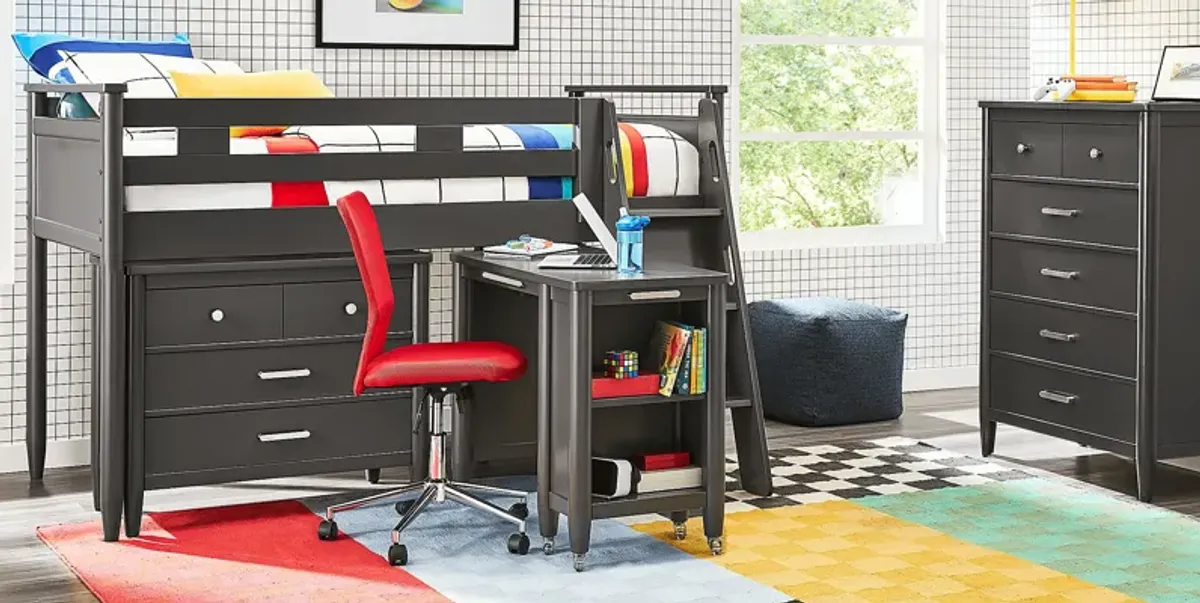 Kids Modern Colors Iron Ore Twin Loft with Loft Chest, Bookcase and Desk