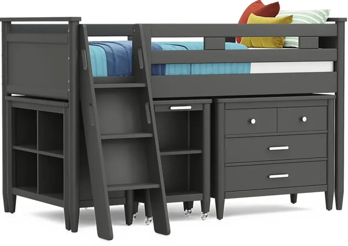 Kids Modern Colors Iron Ore Twin Loft with Loft Chest, Bookcase and Desk