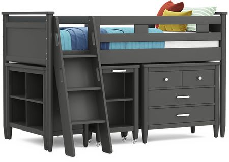 Kids Modern Colors Iron Ore Twin Loft with Loft Chest, Bookcase and Desk