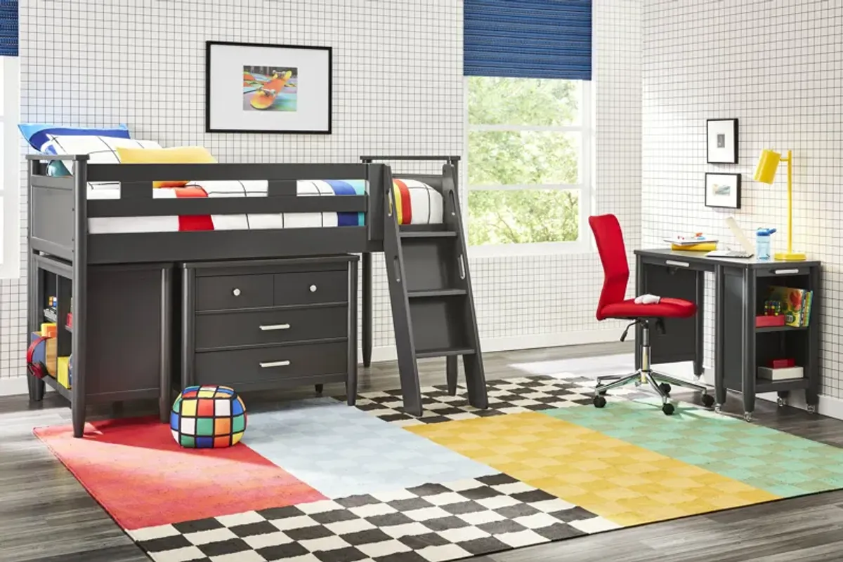 Kids Modern Colors Iron Ore Twin Loft with Loft Chest, Bookcase and Desk
