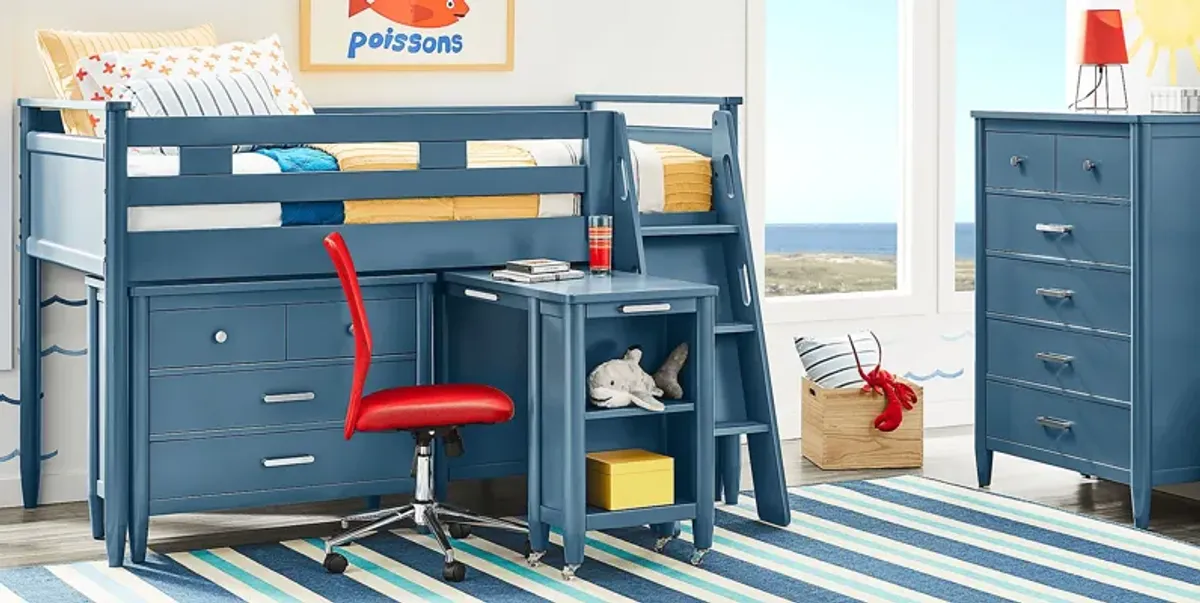 Kids Modern Colors Slate Blue Twin Loft with Loft Chest, Bookcase and Desk