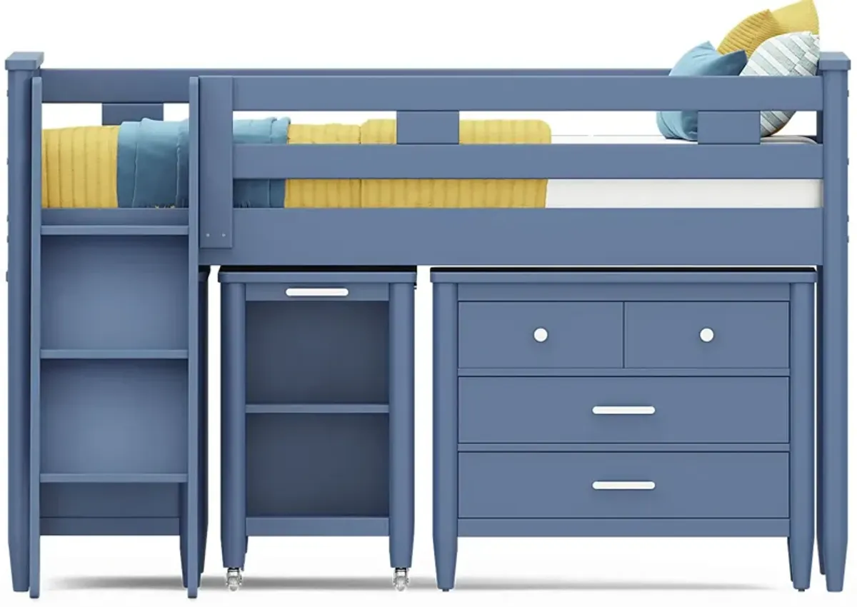 Kids Modern Colors Slate Blue Twin Loft with Loft Chest, Bookcase and Desk