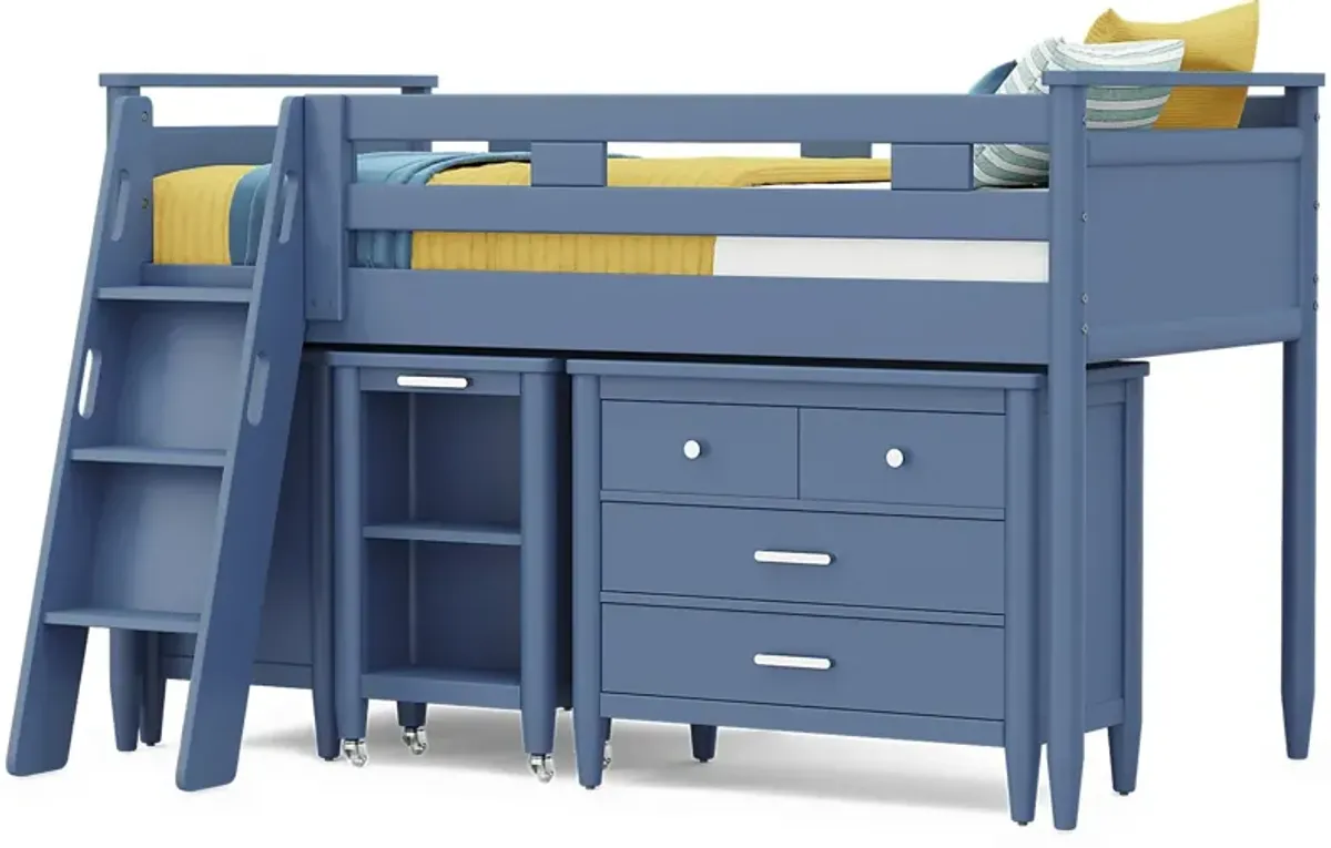 Kids Modern Colors Slate Blue Twin Loft with Loft Chest, Bookcase and Desk