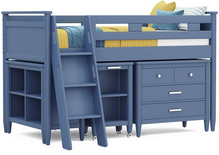 Kids Modern Colors Slate Blue Twin Loft with Loft Chest, Bookcase and Desk