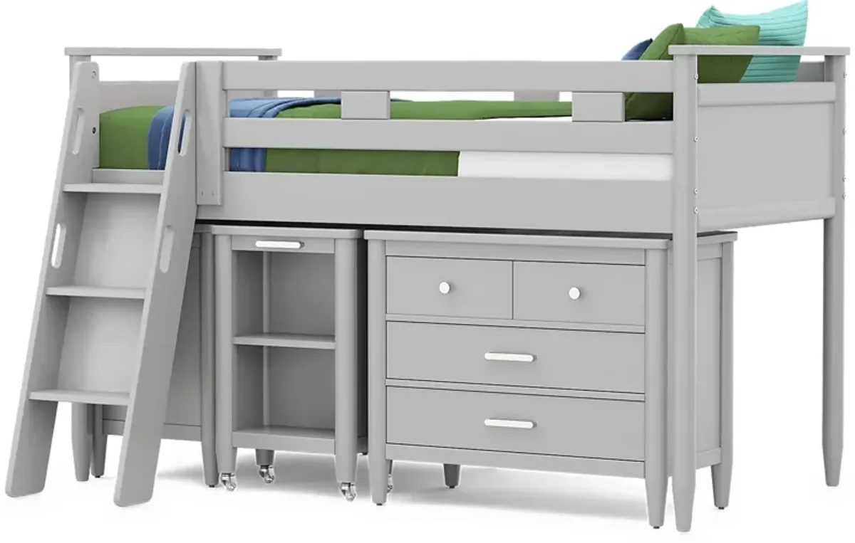 Kids Modern Colors Light Gray Twin Loft with Loft Chest, Bookcase and Desk