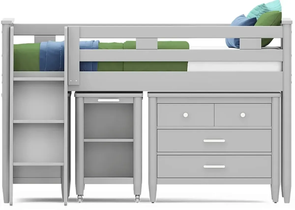 Kids Modern Colors Light Gray Twin Loft with Loft Chest, Bookcase and Desk