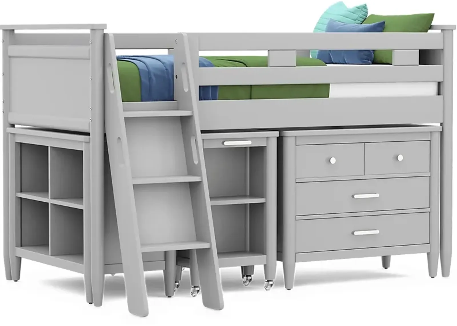 Kids Modern Colors Light Gray Twin Loft with Loft Chest, Bookcase and Desk