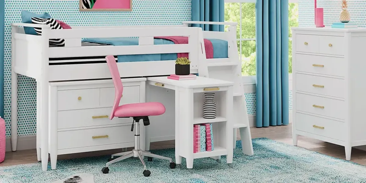 Kids Modern Colors White Twin Loft with Loft Chest, Bookcase and Desk