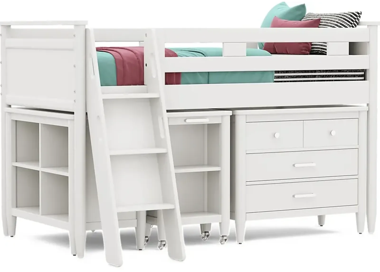 Kids Modern Colors White Twin Loft with Loft Chest, Bookcase and Desk