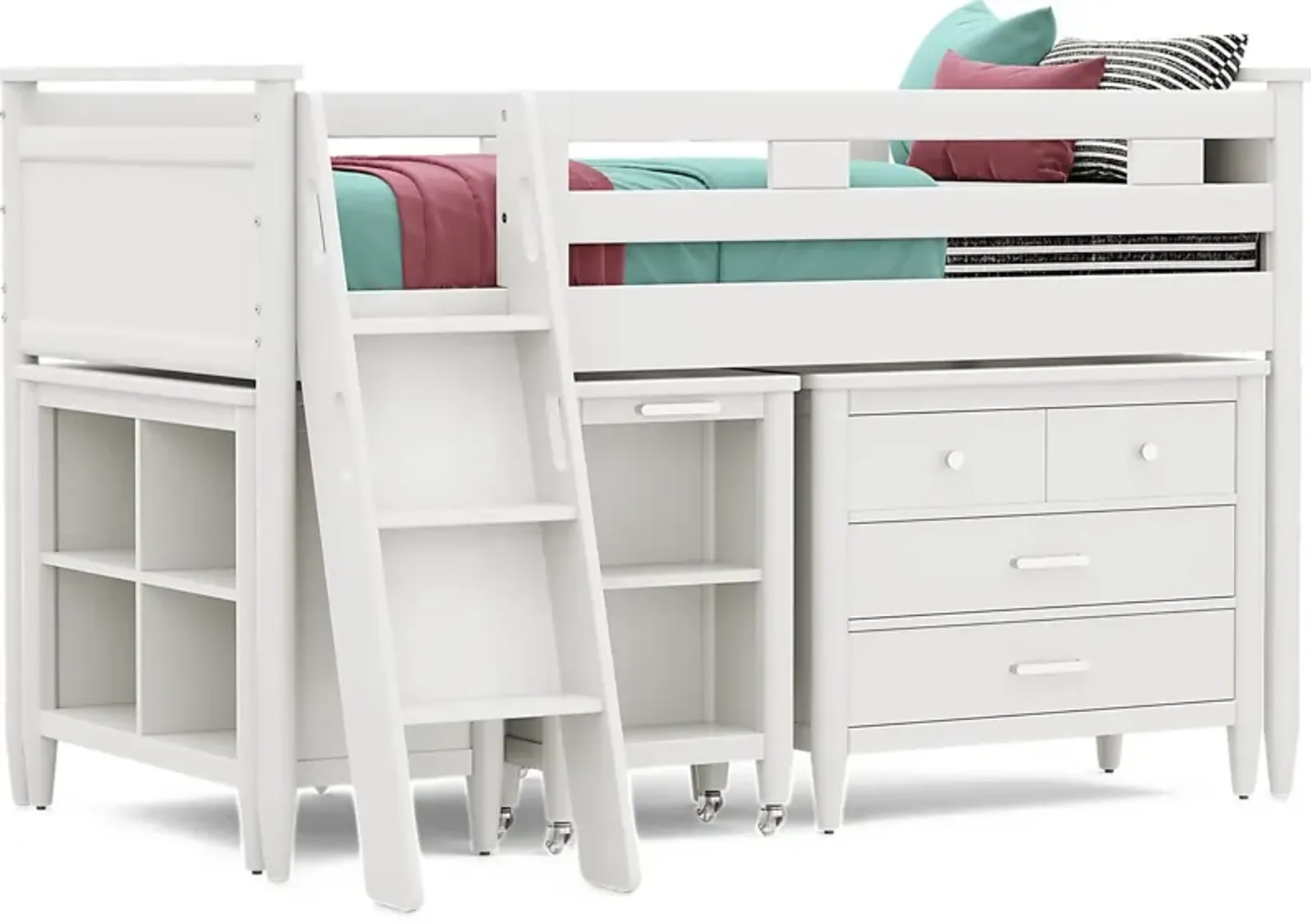 Kids Modern Colors White Twin Loft with Loft Chest, Bookcase and Desk