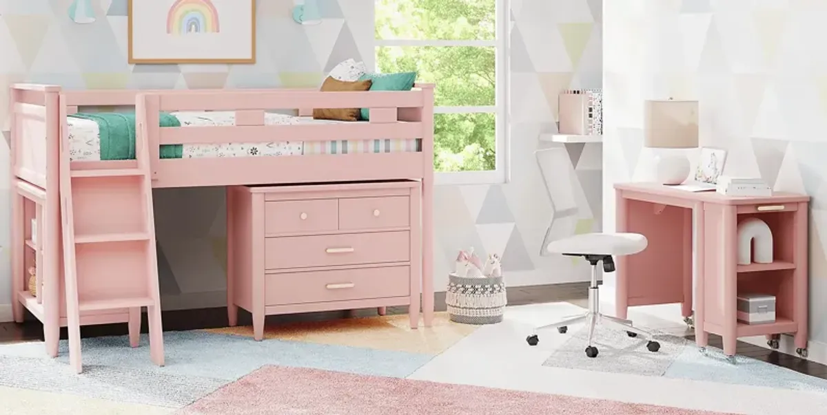 Kids Modern Colors Pink Twin Loft with Loft Chest, Bookcase and Desk