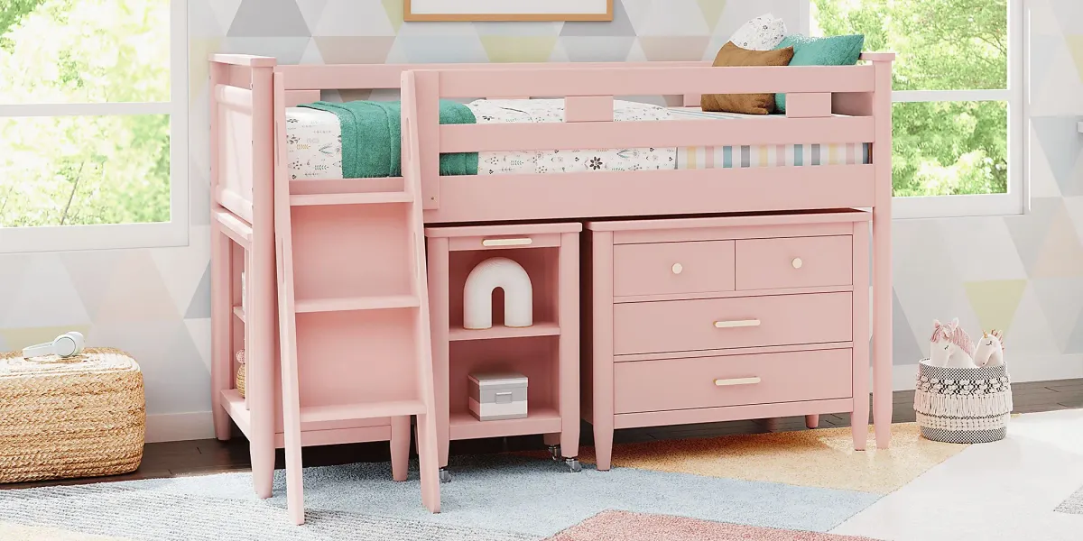 Kids Modern Colors Pink Twin Loft with Loft Chest, Bookcase and Desk