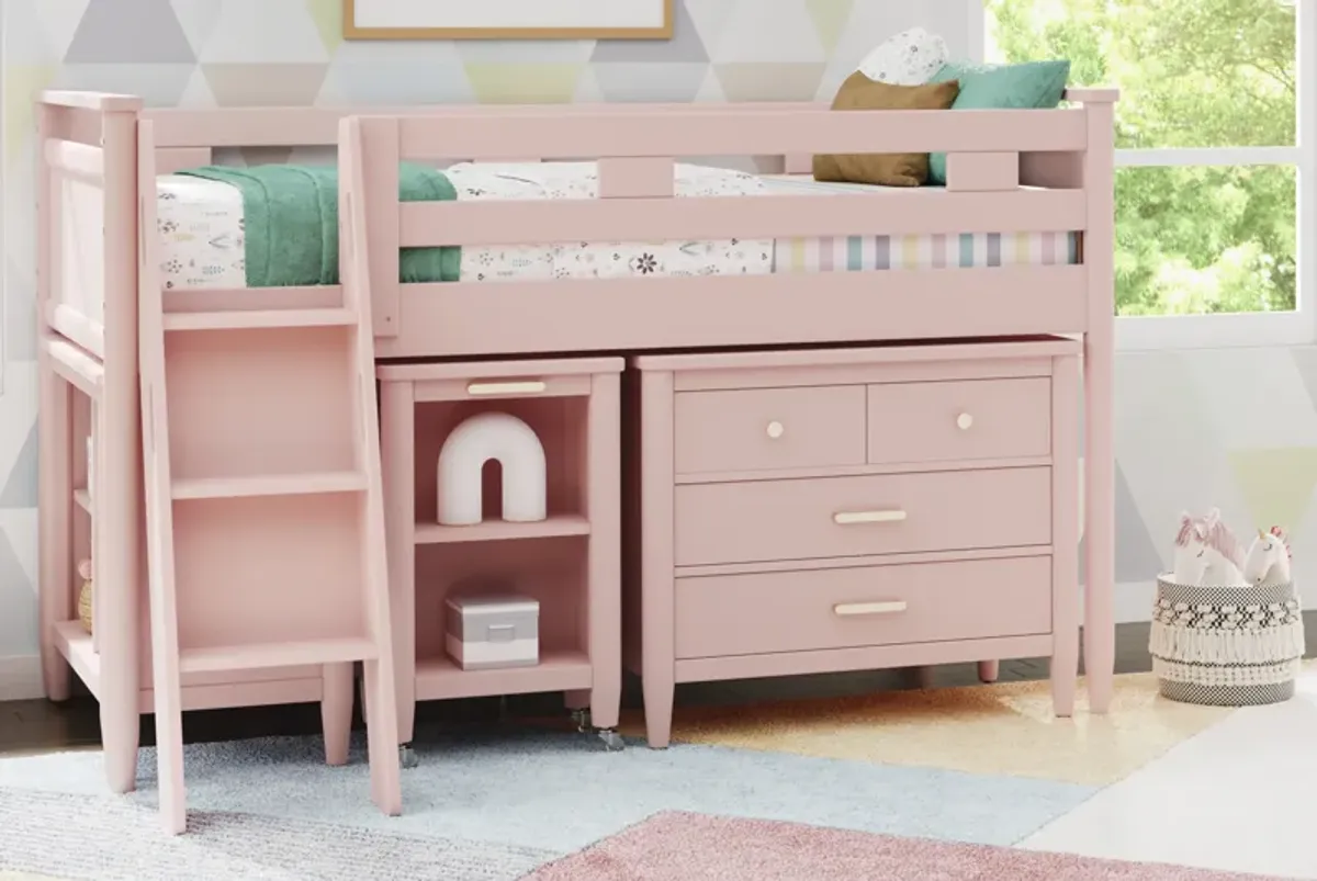 Kids Modern Colors Pink Twin Loft with Loft Chest, Bookcase and Desk