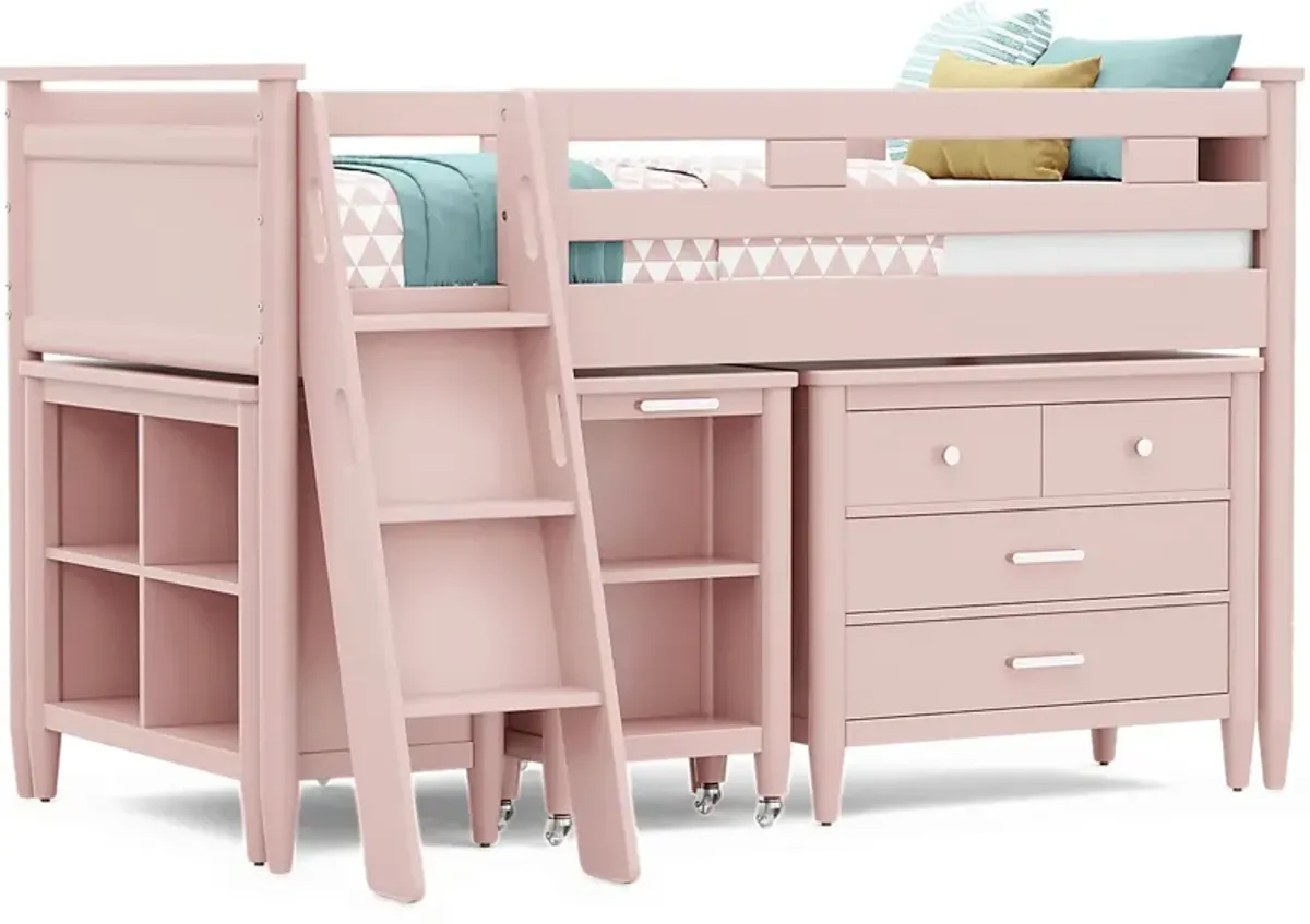 Kids Modern Colors Pink Twin Loft with Loft Chest, Bookcase and Desk