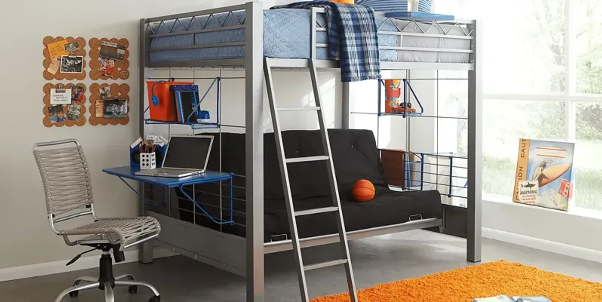 Build-a-Bunk Gray Full/Futon Loft Bed with Blue Accessories